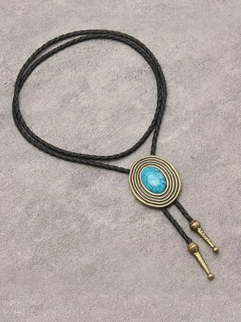 Necklace Bolo Tie Rodeo Cowboy Leather Necktie Western Wear Gold w Turquoise